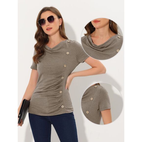 Cowl Neck Women's Short Sleeve Button Decor Ruched Casual Basic T-Shirt Brown - Picture 2 of 6